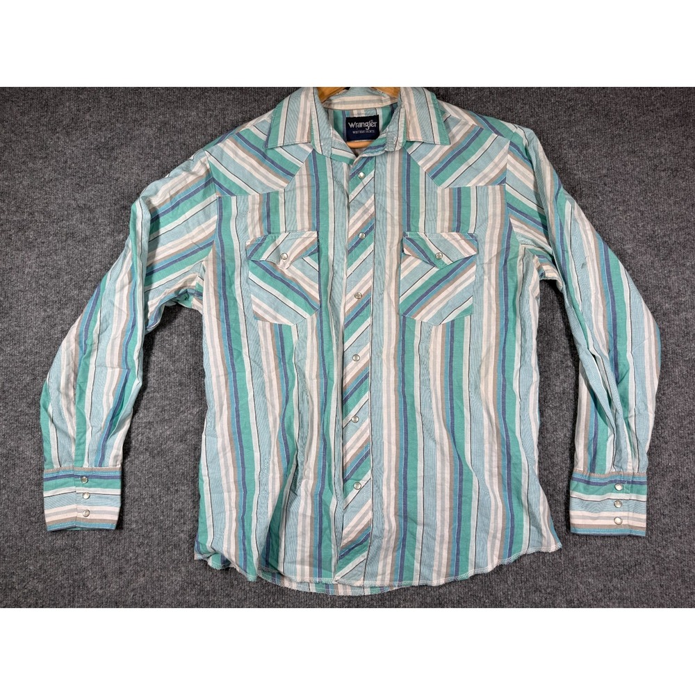 Vintage Wrangler Western Shirt Mens Large Multi Striped Cowboy Pearl Snap Button